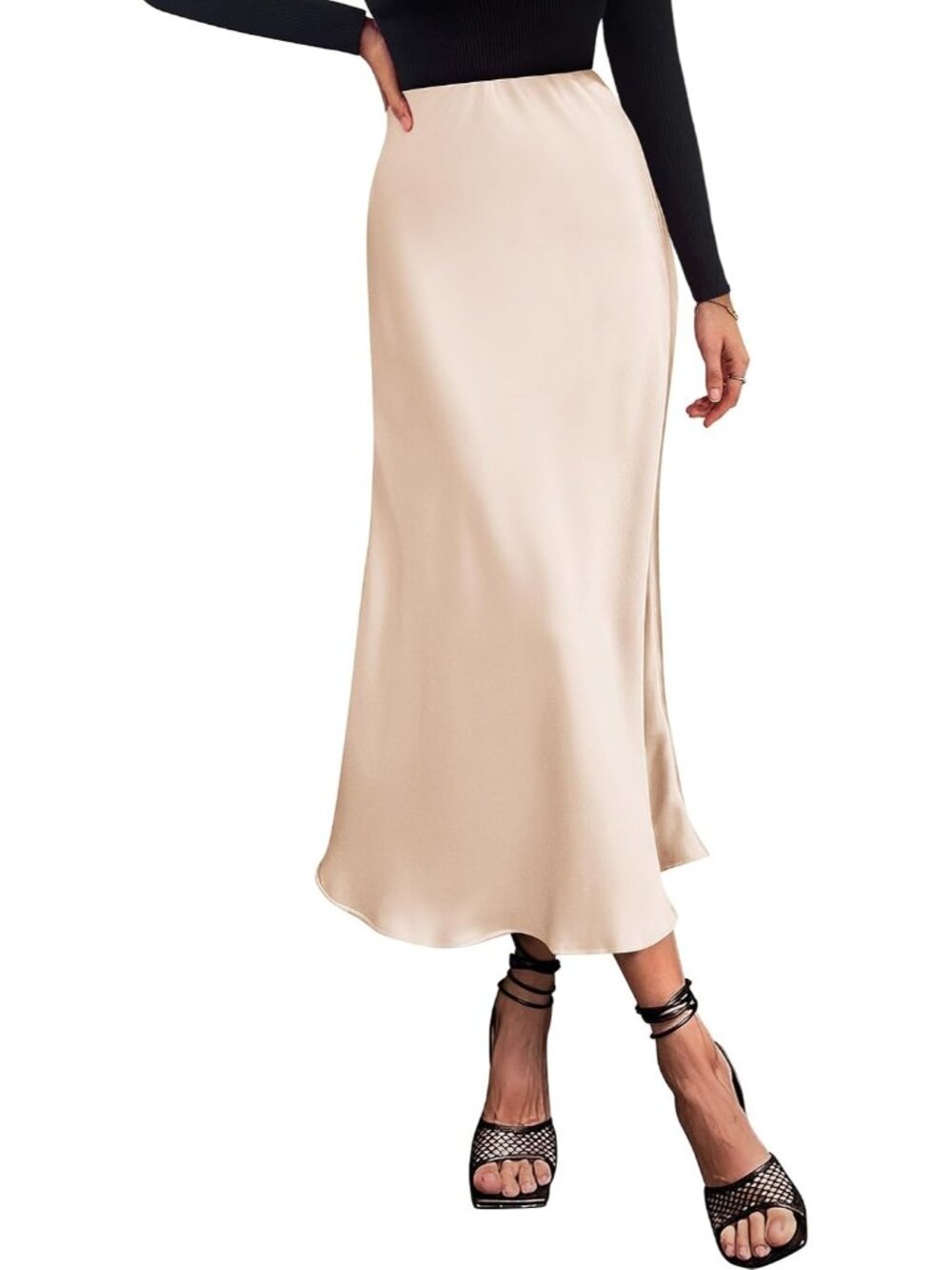 Women Beige High Waist Satin A-Line Elegant Slip Bias Cut Flowy Long Midi Skirt